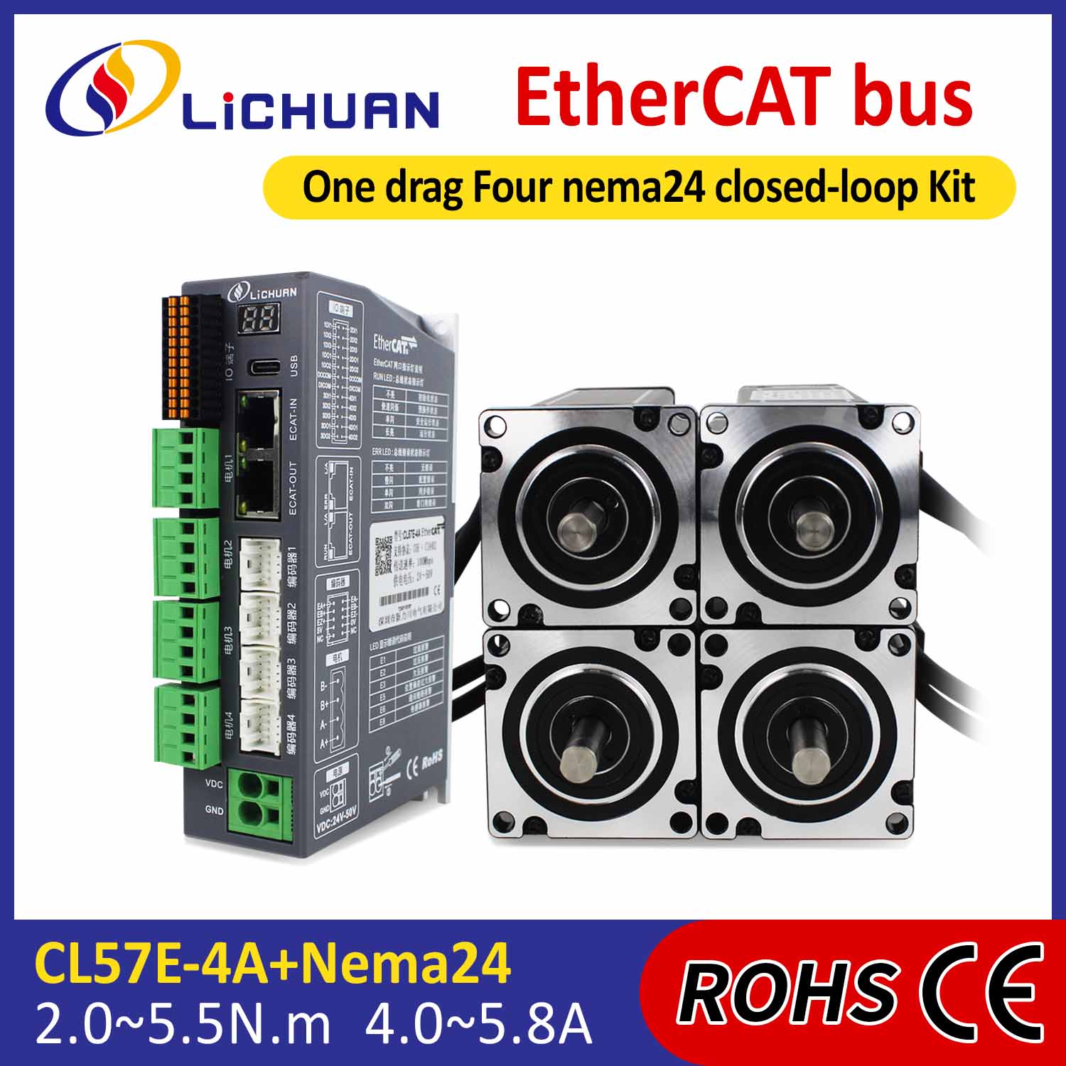 Ethercat 2phase Nema24 4-Axis DC ပိတ်ထားသော Loop Stepper Motor Drivers Kit