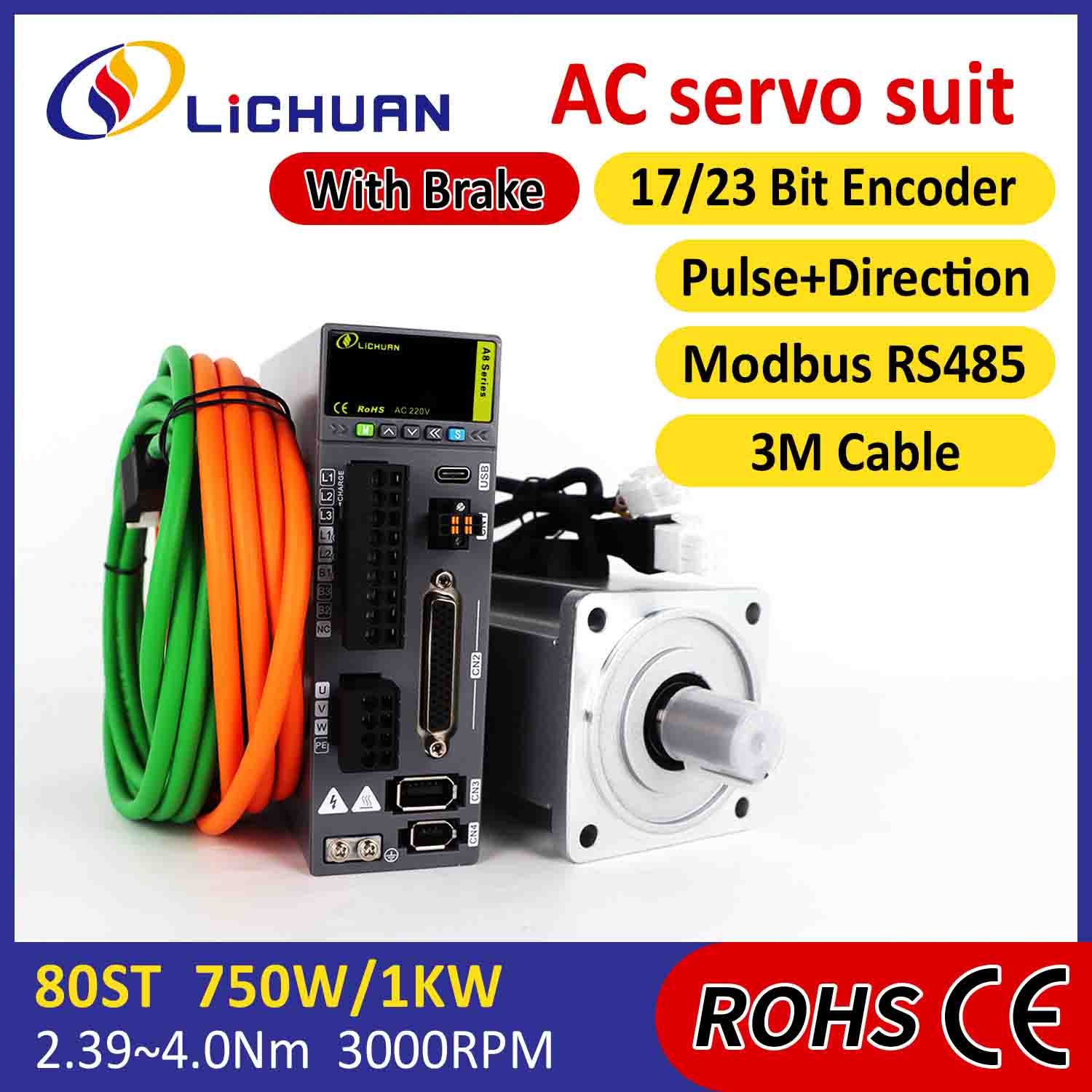 Lichuan AC Servo Motor Drivers Kit A8 High Accuracy STO ABZ 1000W 1KW 3.2N.m 220V 5.8A 2500/3000RPM IP65