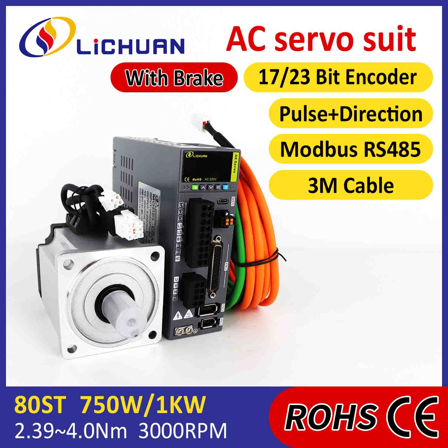 Lichuan AC Servo Motor Drivers Kit A8 High Accuracy STO ABZ 1001W 1KW 4.0N.m 220V 4.6A 2500/3000RPM IP65