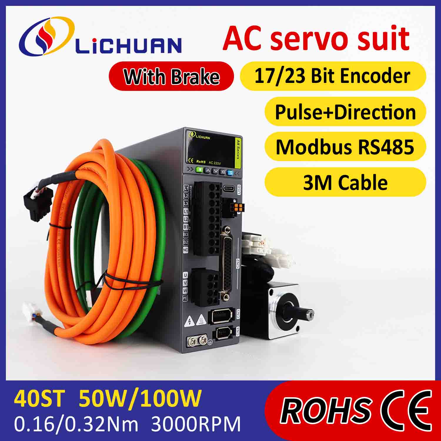 Lichuan AC Servo Motor Drivers Kit A8 High Accuracy STO ABZ 100W 0.32N.m 220V 1.1A 3000RPM IP65