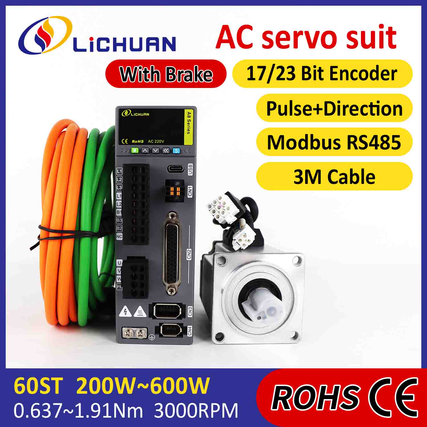 Lichuan AC Servo Motor Drivers Kit A8 High Accuracy STO ABZ 200W 0.637N.m 220V 1.6A 3000RPM IP65