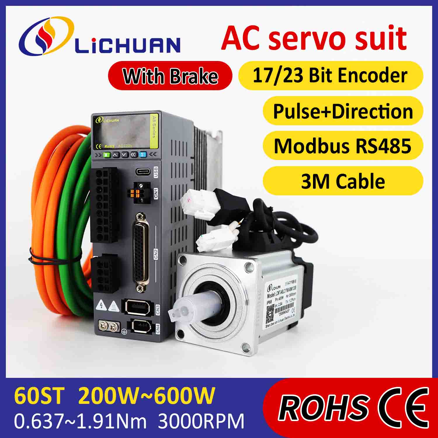Lichuan AC Servo Motor Drivers Kit A8 မြင့်မားသောတိကျမှု STO ABZ 400W 1.27N.m 220V 2.5A 3000RPM IP65