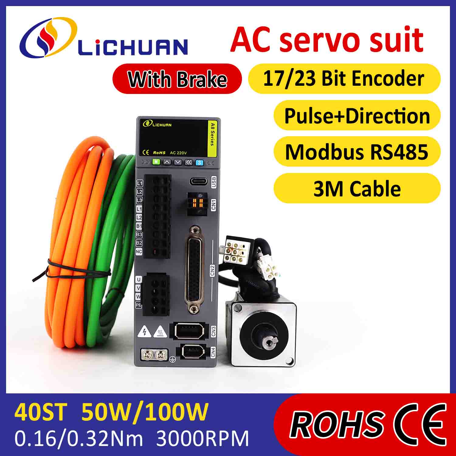 Lichuan AC Servo Motor Drivers Kit A8 High Accuracy STO ABZ 50W 0.16N.m 220V 0.8A 3000RPM IP65