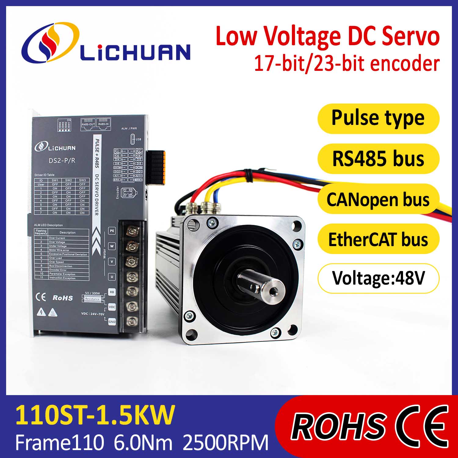 Pulse / Rs485 / Canopen / Canopen / Ethercat 110 Flanged 1.5kw / 1500w Low Pow Voltage DC servo motor drivers kit