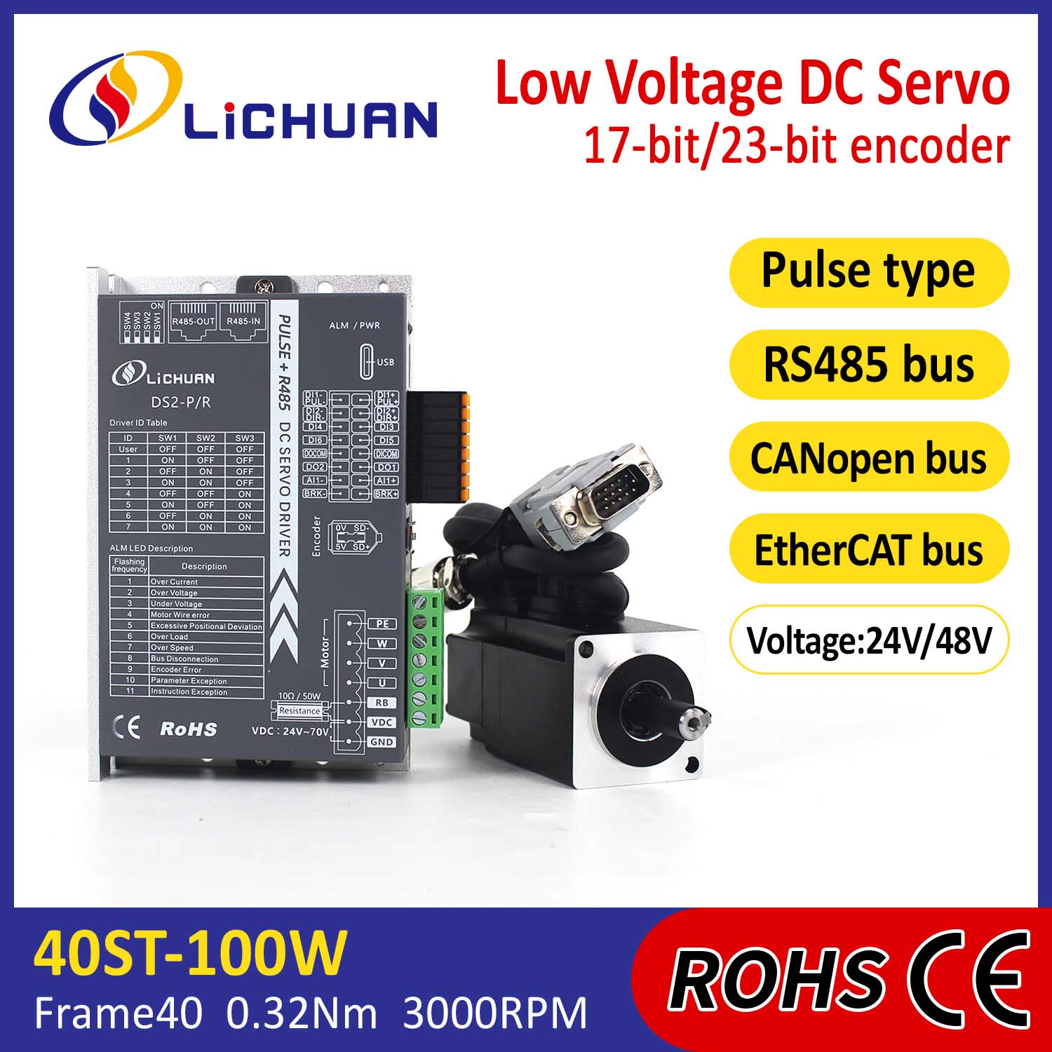 Pulse / RS485 / Canopen / Canopen / Ethercat 40 သည် 100w အနိမ့်အနိမ့်အပြိုင် DC servo motor drivers kit flanged
