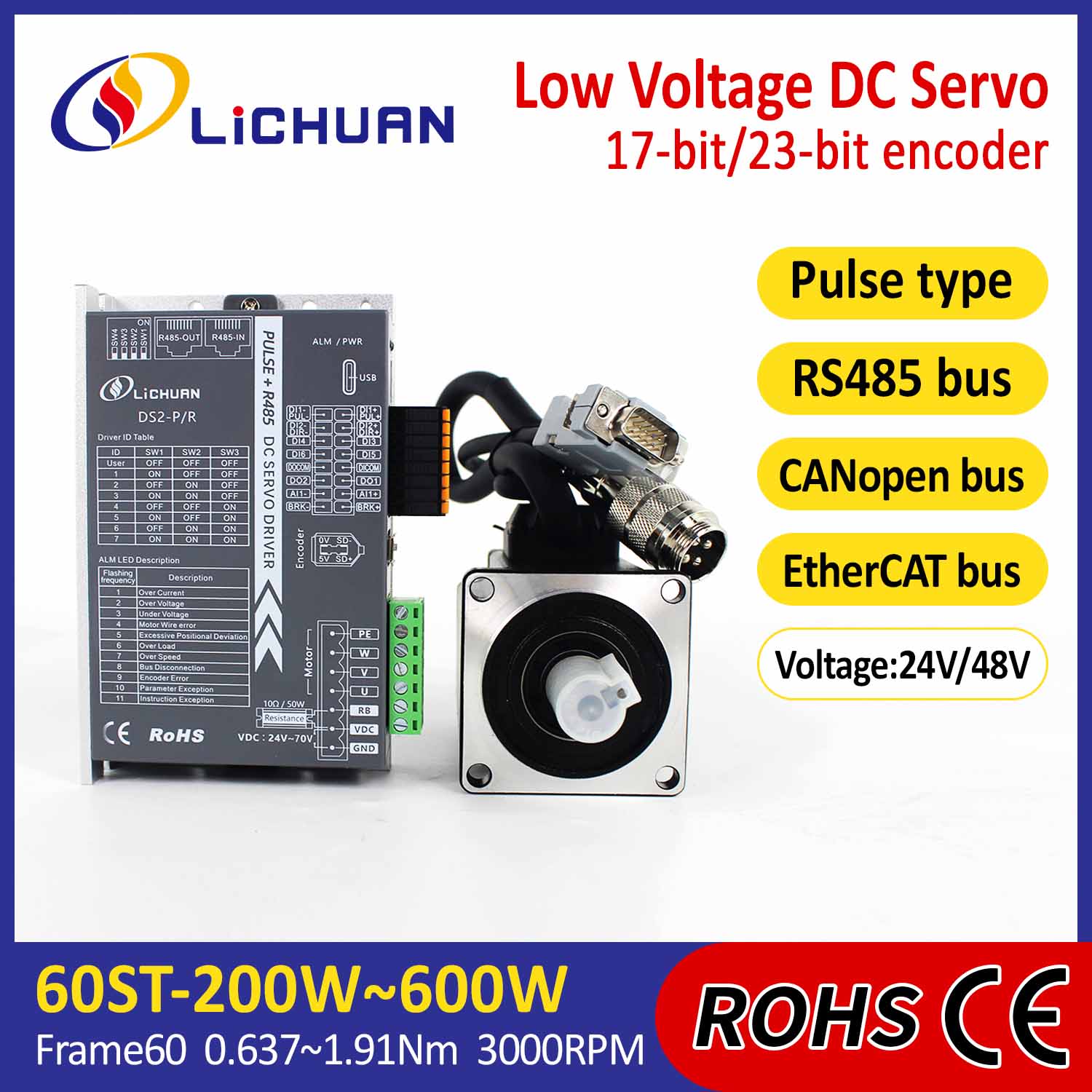 Pulse / RS485 / Canopen / Canopen / Canopen / Ethercat 60 သည် 200w / 400w / 600w / 600w Low Voltage DC servo motor driver
